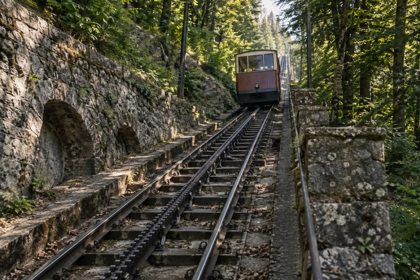 Standseilbahn der Mendelbahn auf der steilen Bergstrecke zum Mendelpass