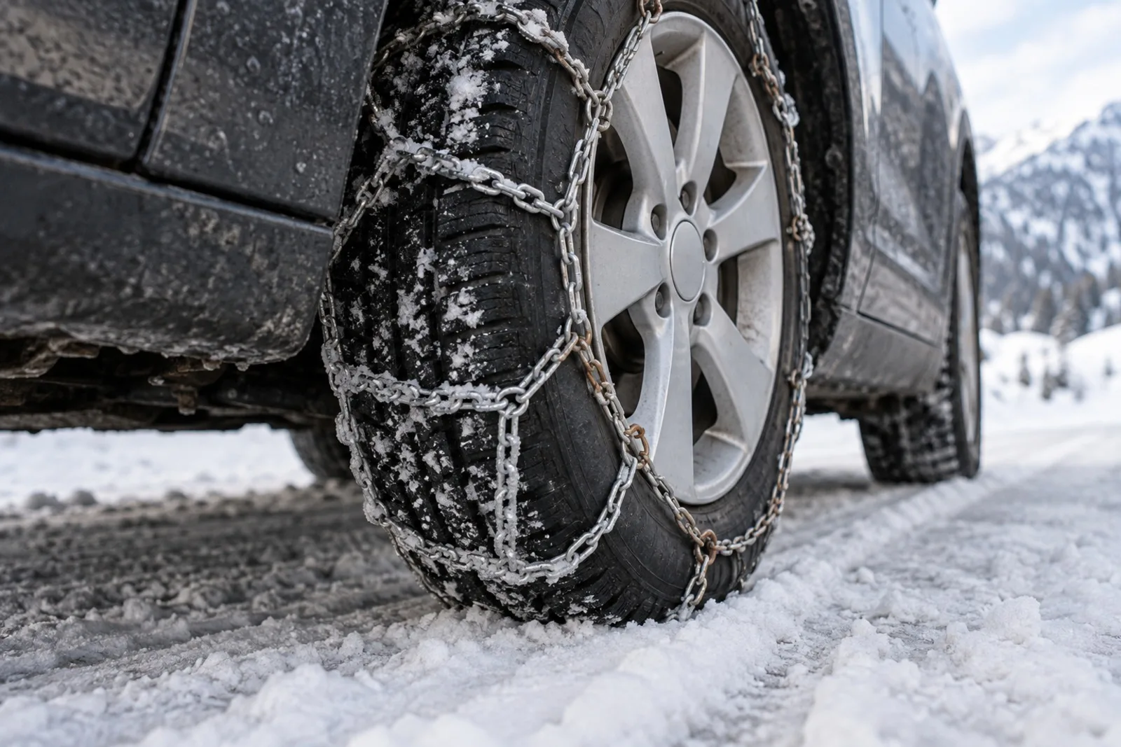 Montage von Schneeketten an einem Autoreifen am Straßenrand im Winter