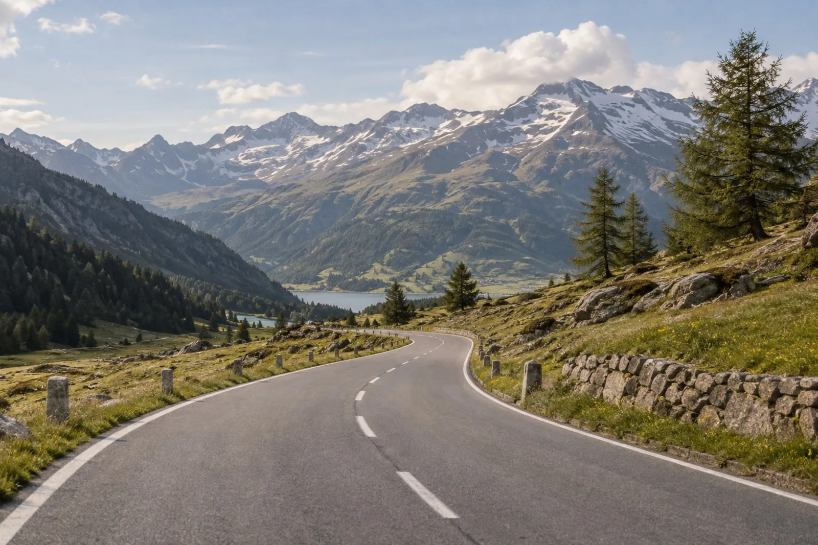 Straße am Reschenpass mit Blick auf den Reschensee