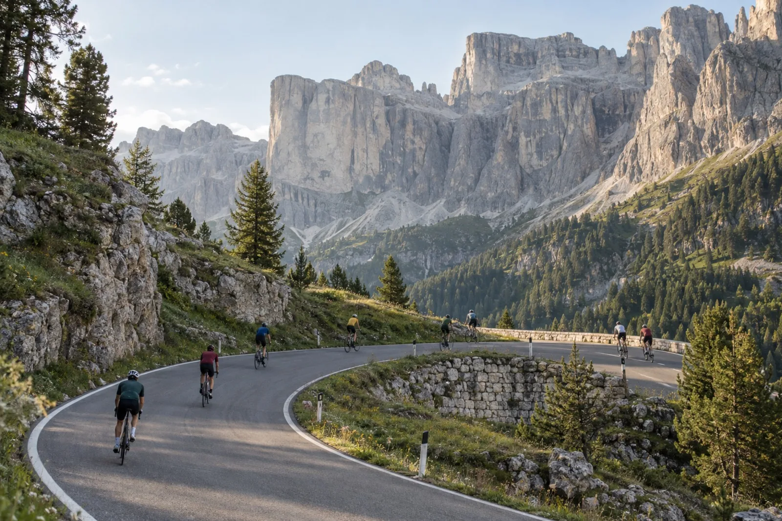Ciclisti in salita su uno dei quattro passi del giro del Sella tra le Dolomiti