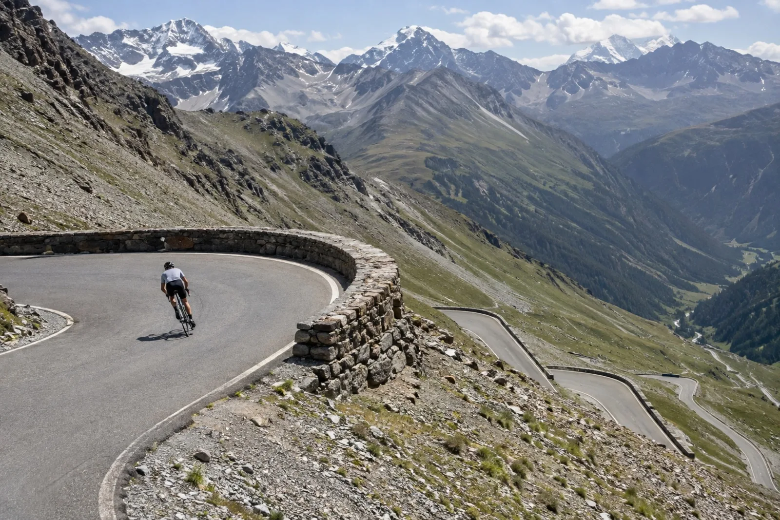Radfahrer in einer Kehre der Passstraße zum Stilfser Joch