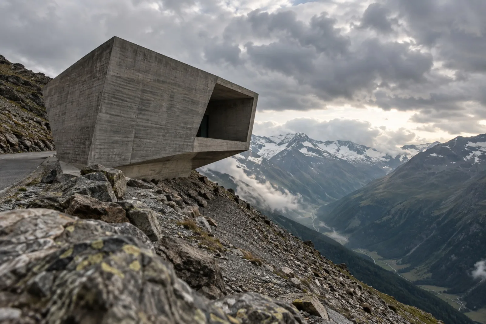 Stazione di architettura lungo la strada del Passo del Rombo tra le montagne