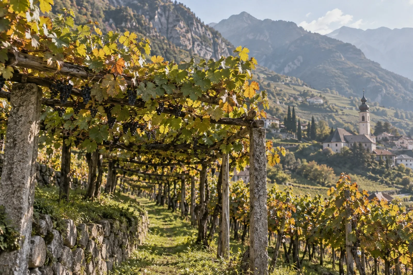 Vigneti terrazzati nella valle dell'Adige con le montagne dell'Alto Adige sullo sfondo